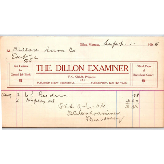 Dillon, MT The Dillon Examiner F.C. Kress Newspaper Sept. 1905 Billhead