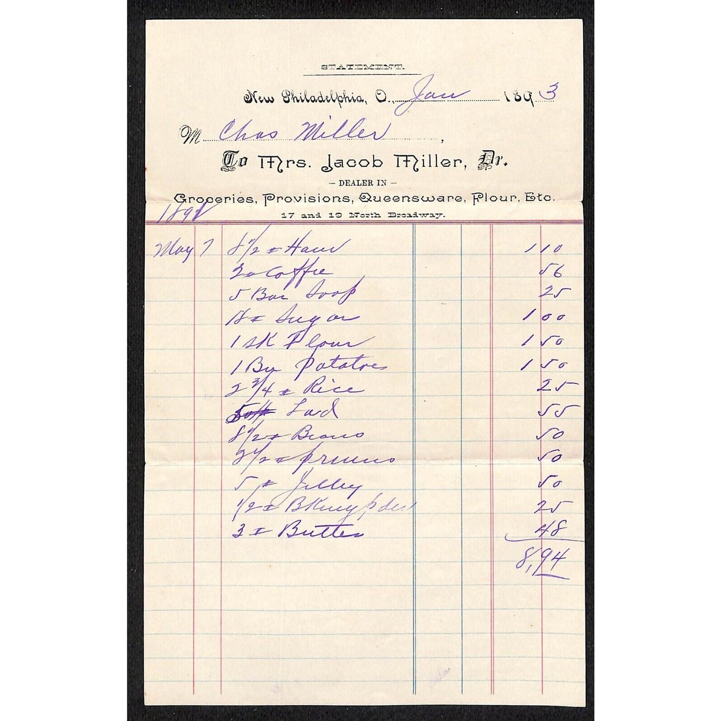 Jacob Miller Groceries New Philadelphia 1893 Billhead / Statement (#2) VGC