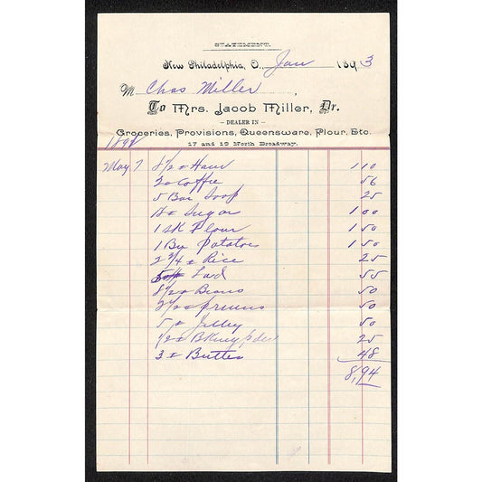 Jacob Miller Groceries New Philadelphia 1893 Billhead / Statement (#2) VGC