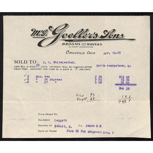 M.G. Goeller's Sons Circleville, OH Brooms 1918 Billhead Whiteleather*