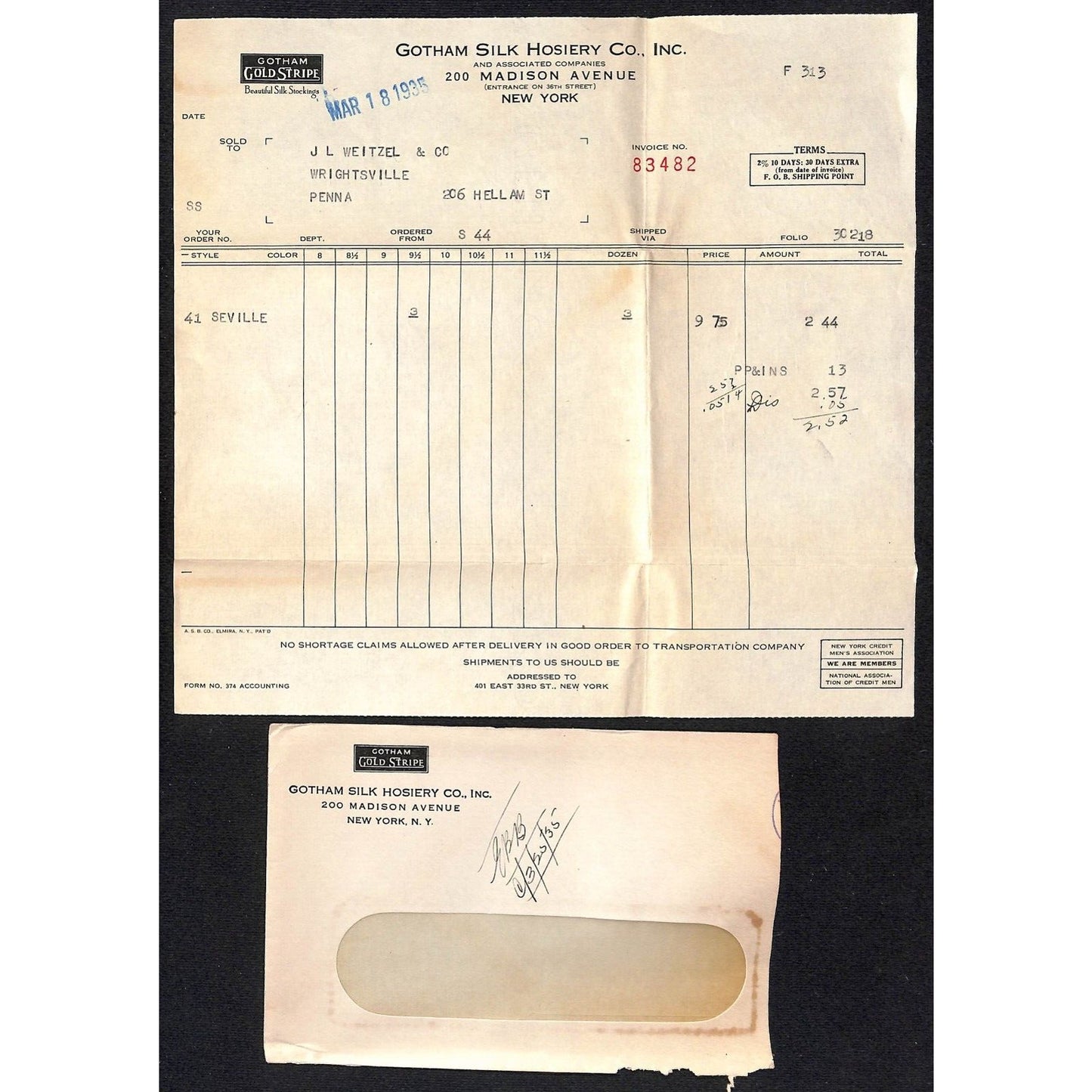 Gotham Silk Hosiery Co. 200 Madison Ave. NYC Weitzel 1935 Billhead + Cover