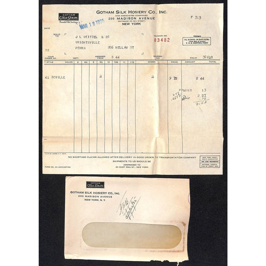 Gotham Silk Hosiery Co. 200 Madison Ave. NYC Weitzel 1935 Billhead + Cover