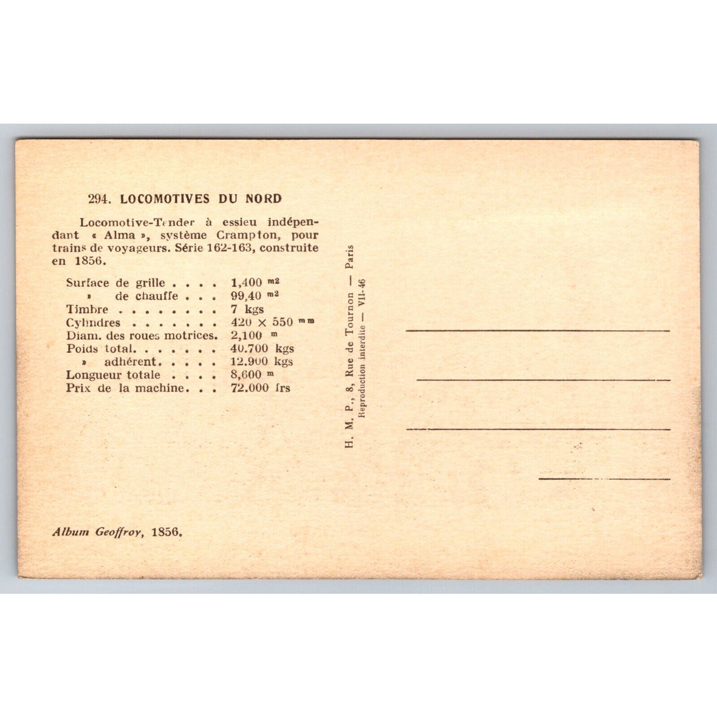 French Railroad RPPC* Postcard Machine Series 162-163 1856 H.M.P.