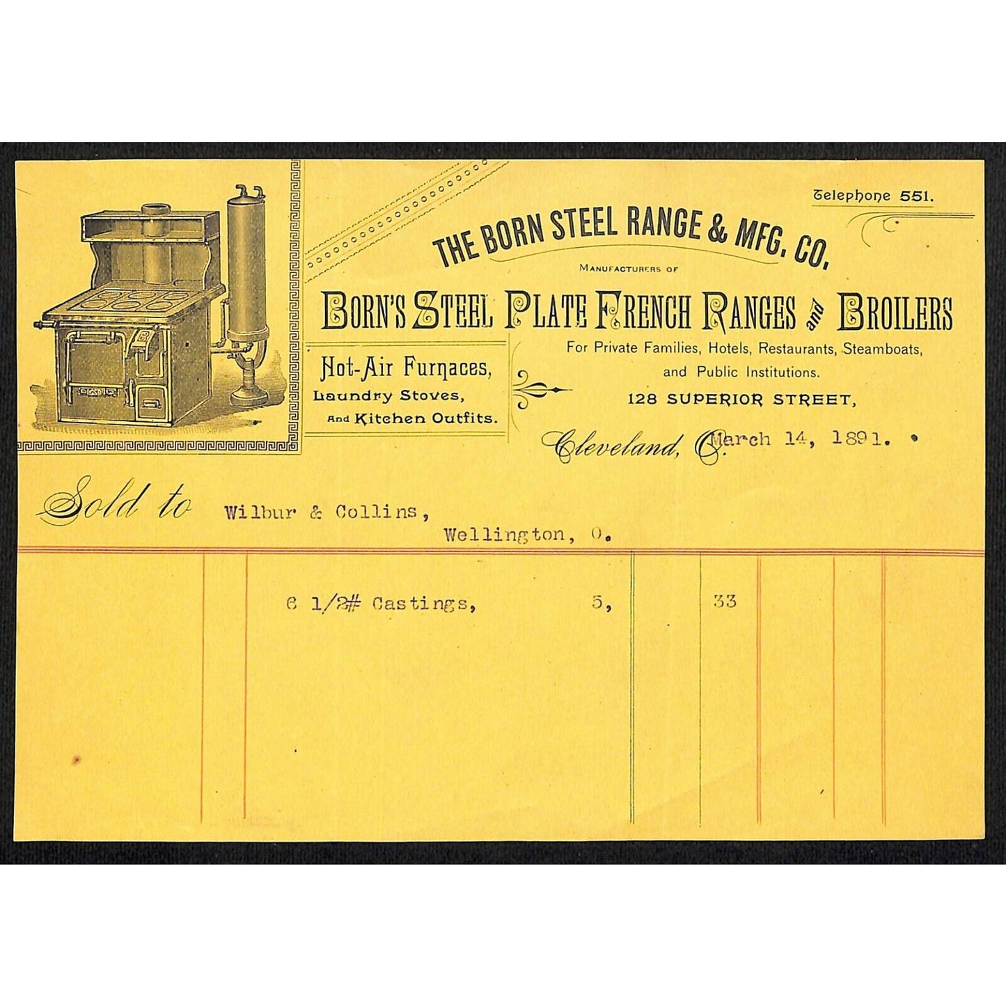 Born Steel Range & Mfg. Co. French Ranges Cleveland 1891 Billhead VGC