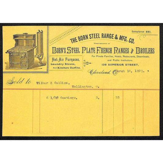 Born Steel Range & Mfg. Co. French Ranges Cleveland 1891 Billhead VGC