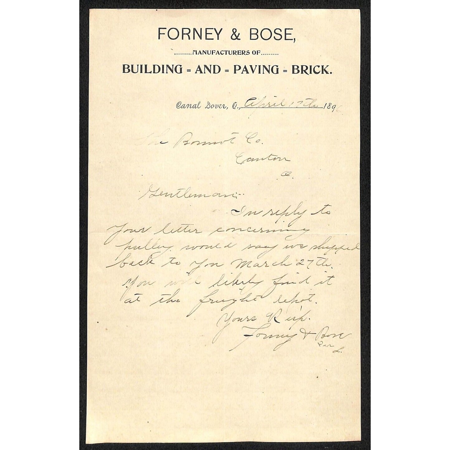 Forney & Bose Building and Paving Brick 1896 Canal Dover, OH Letterhead ALS VGC