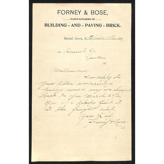 Forney & Bose Building and Paving Brick 1896 Canal Dover, OH Letterhead ALS VGC