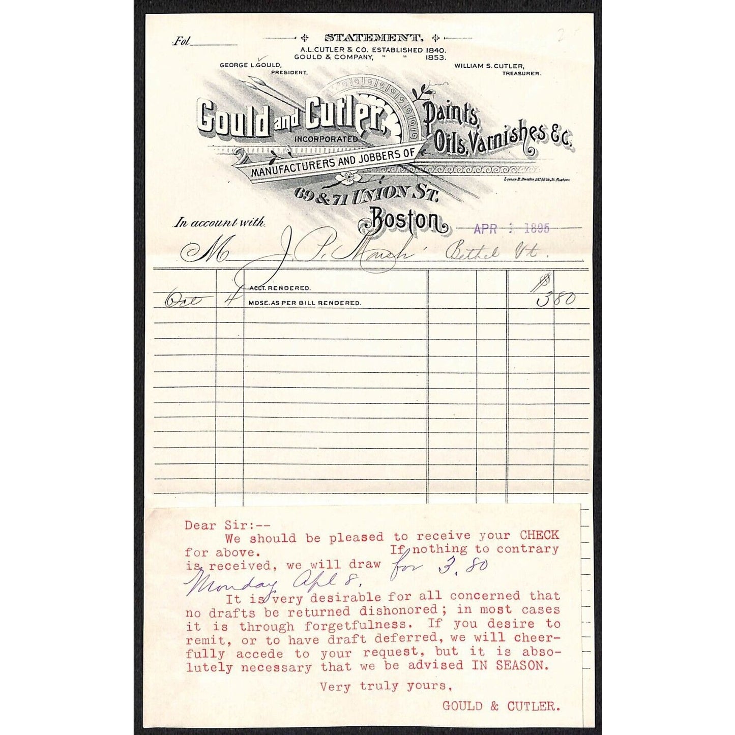 Gould and Cutler Boston 1895 Statement / Billhead to J.P. Marsh Bethel, VT*