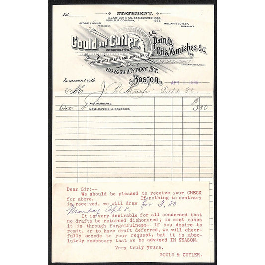 Gould and Cutler Boston 1895 Statement / Billhead to J.P. Marsh Bethel, VT*