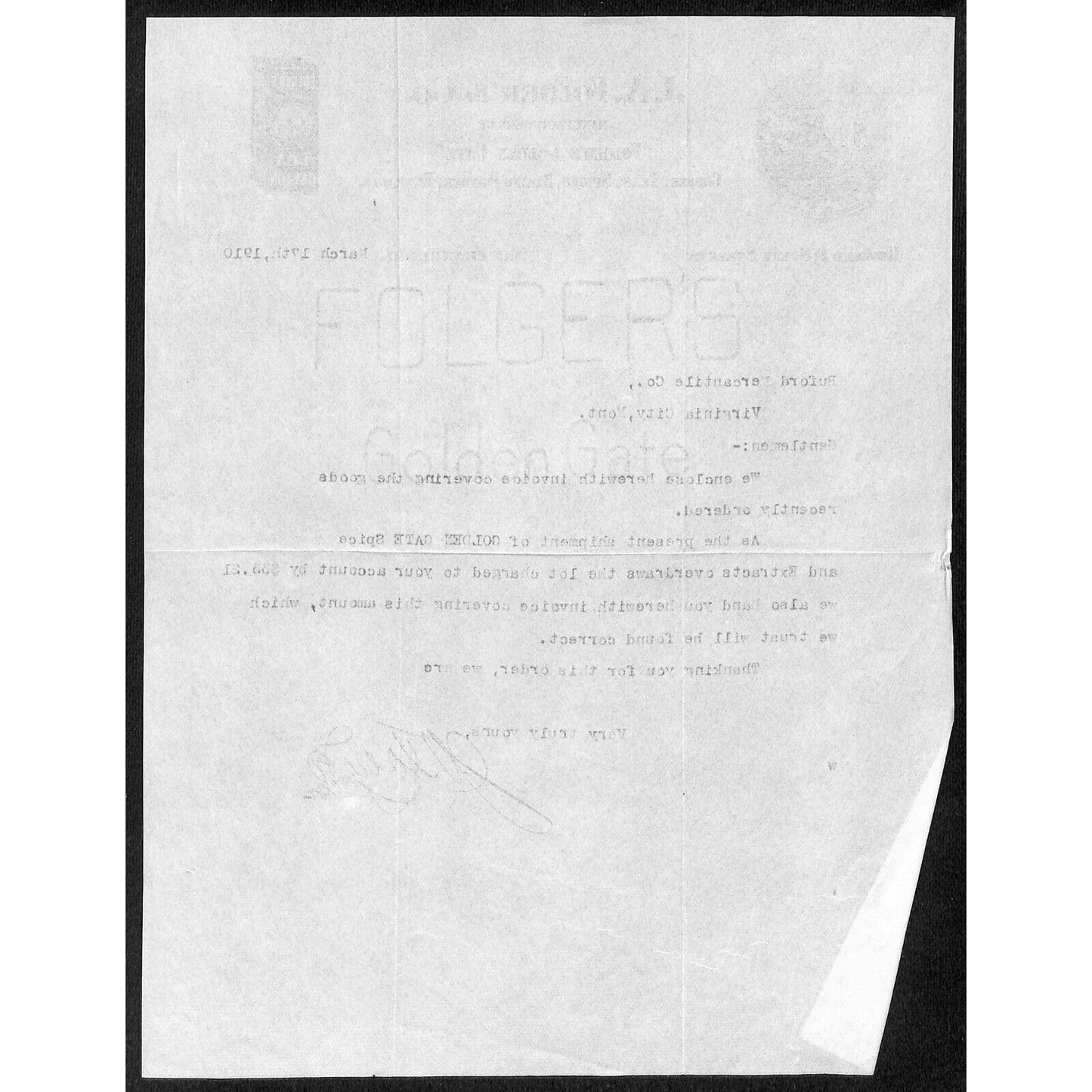 J. A. Folger Coffee 1910 Letterhead to Buford* re: Golden Gate Spice Order