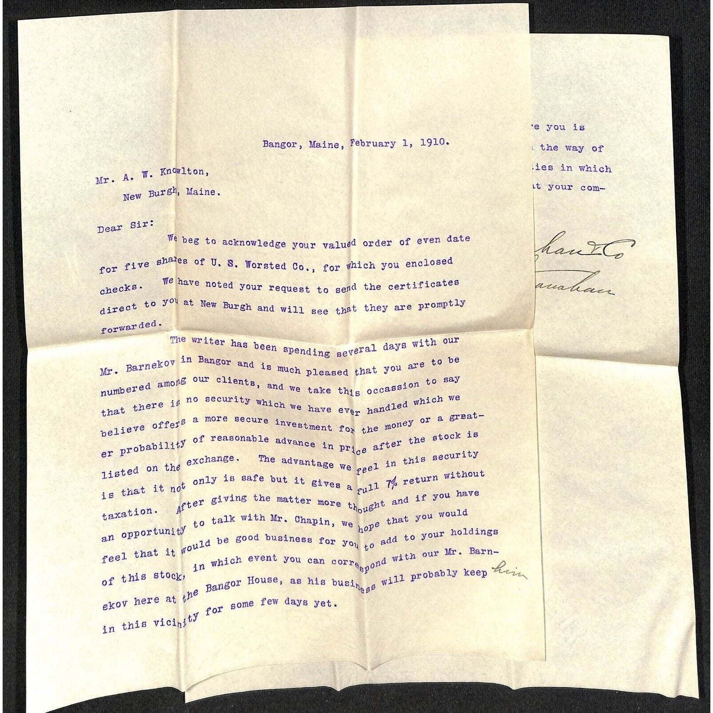 Bangor, MA 1910 Letter re: Stock Investments & Bangor House Cover Knowlton*