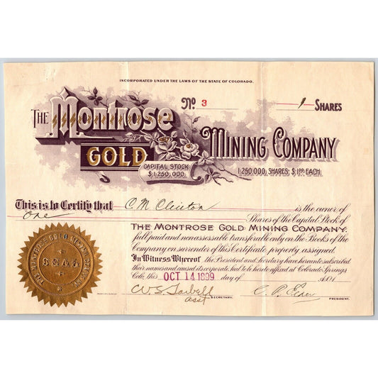 Montrose Gold Mining Co. 1899 Stock Certificate Cripple Creek District #3