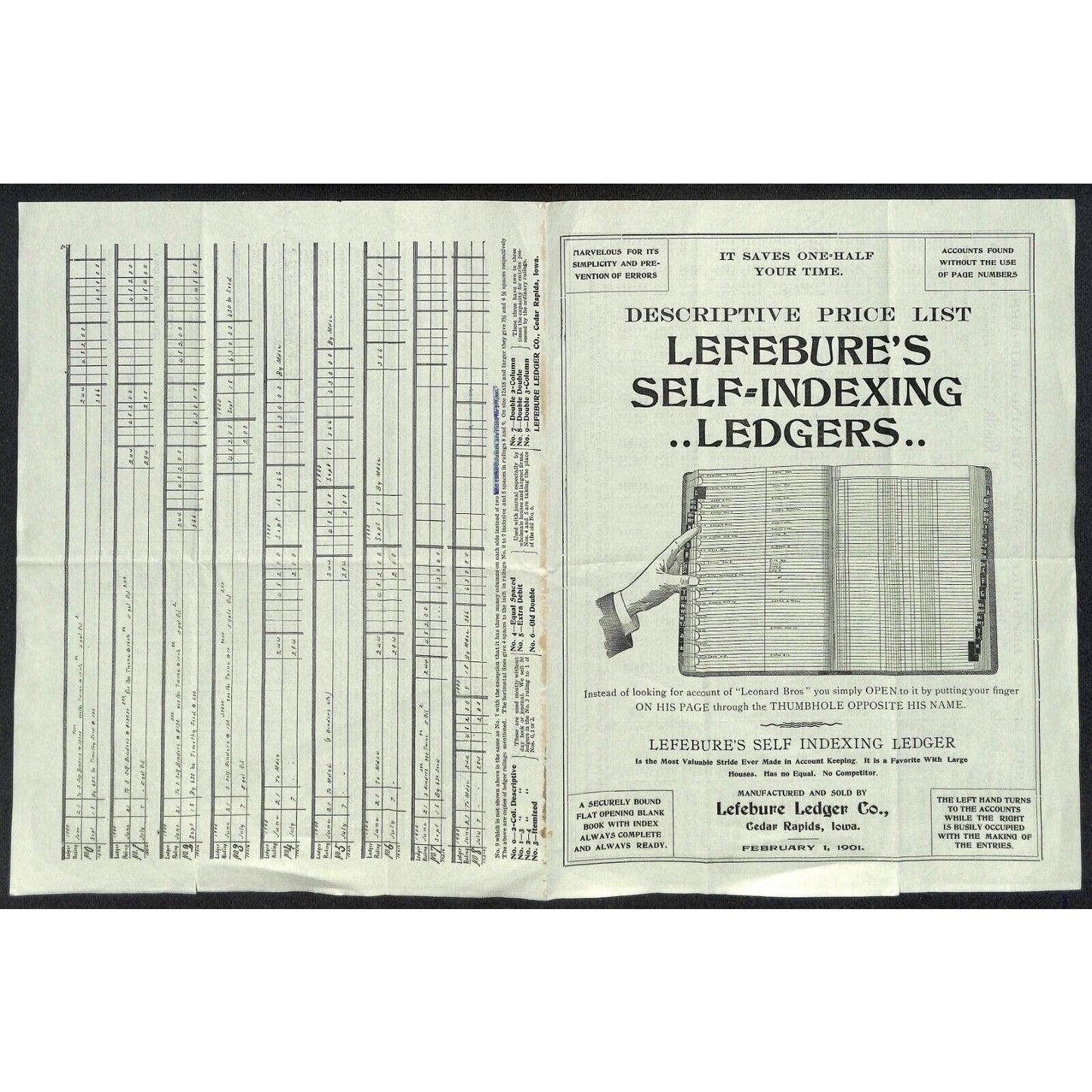 Lefebure's Self-Indexing Ledgers Cedar Rapids, IA 1901 Price Sheet Scarce