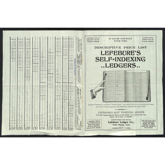 Lefebure's Self-Indexing Ledgers Cedar Rapids, IA 1901 Price Sheet Scarce