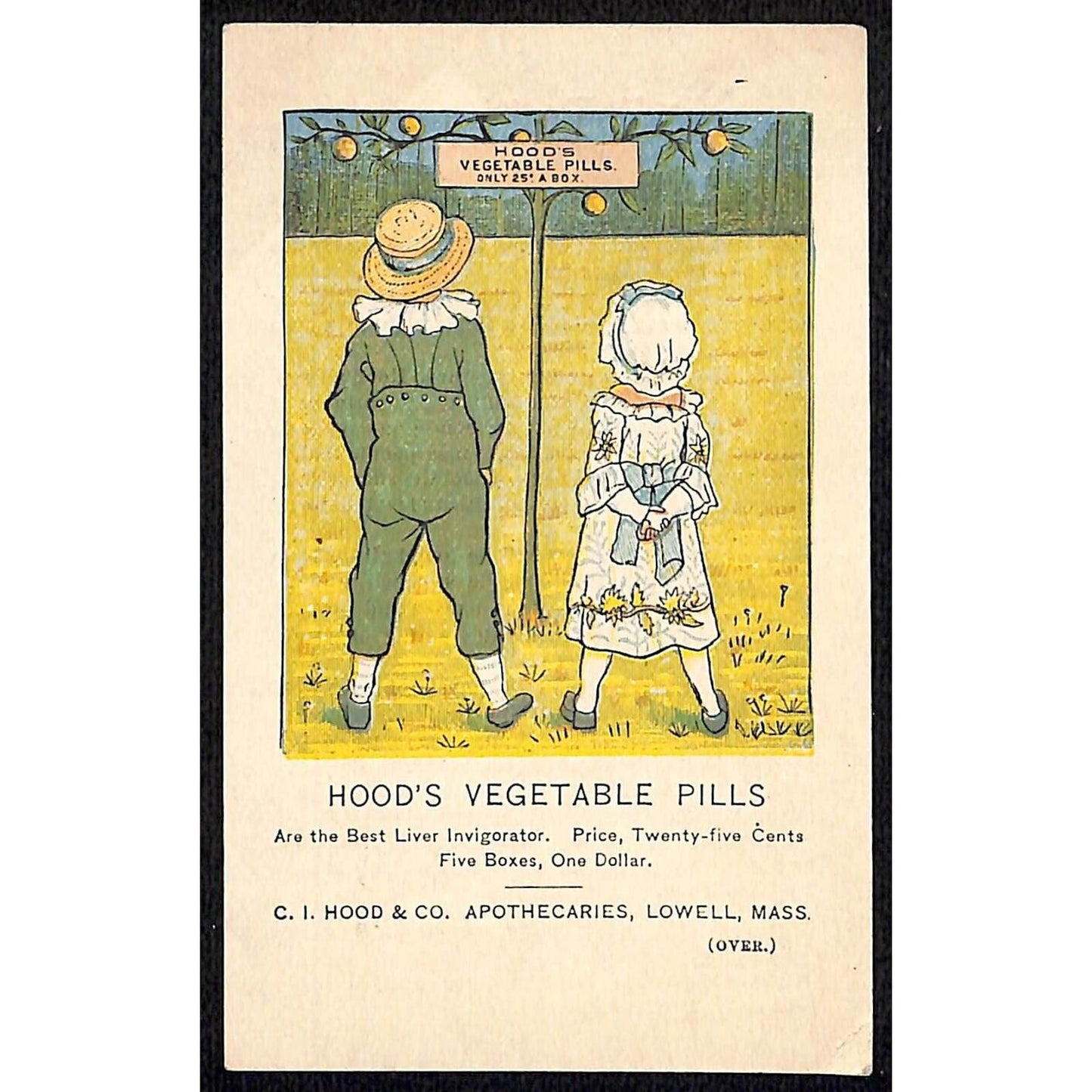 Hood's Vegetable Pills Victorian Trade Card Boy Girl Read Sign Straw Hat Bonnet