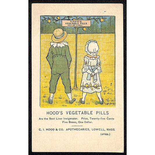 Hood's Vegetable Pills Victorian Trade Card Boy Girl Read Sign Straw Hat Bonnet