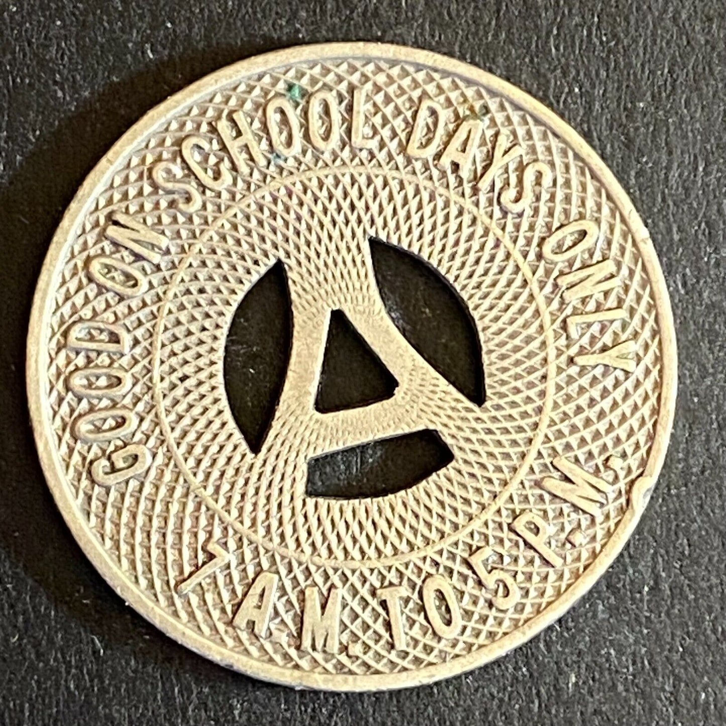 Albuquerque Bus Co. "Good on School Days Only" Transit Token 23mm Hanging "A"