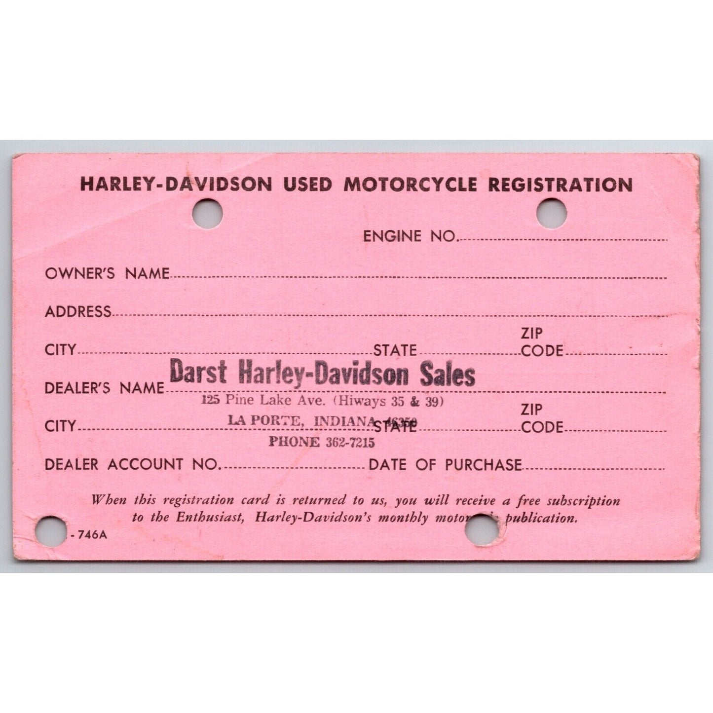 Darst Harley Davidson La Porte, IN "Used Motorcycle Registration" Card NP c1965