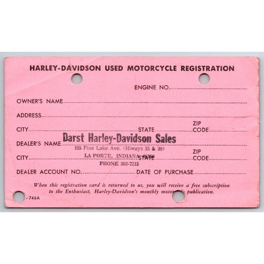 Darst Harley Davidson La Porte, IN "Used Motorcycle Registration" Card NP c1965