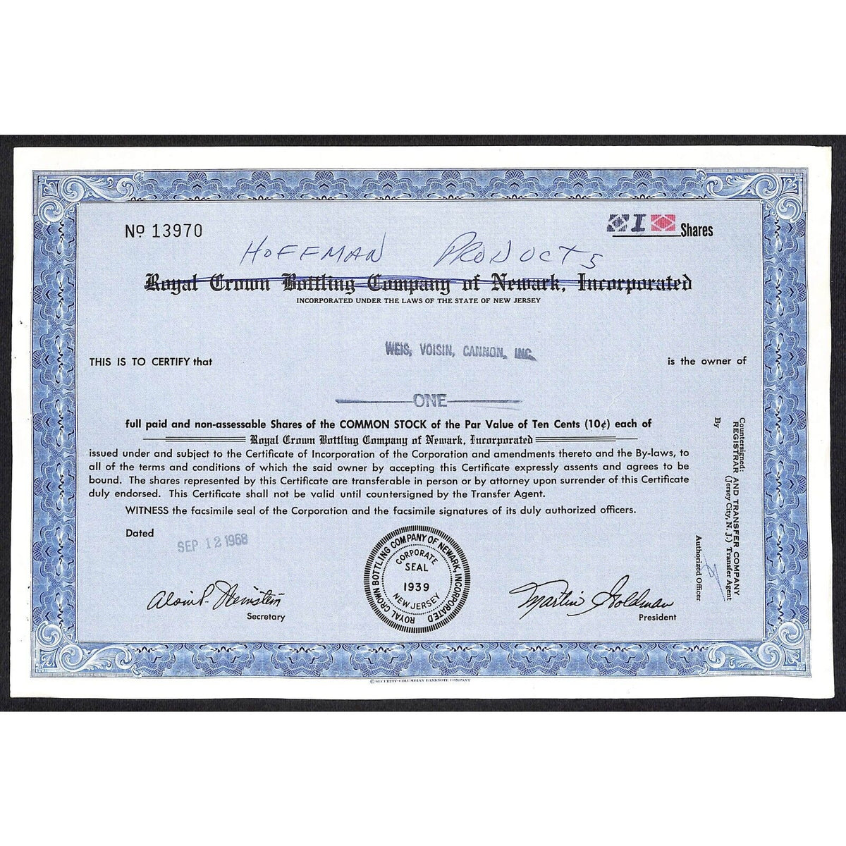 Royal Crown Bottling Newark NJ / Hoffman Products* 1968 Stock Certificate #13970