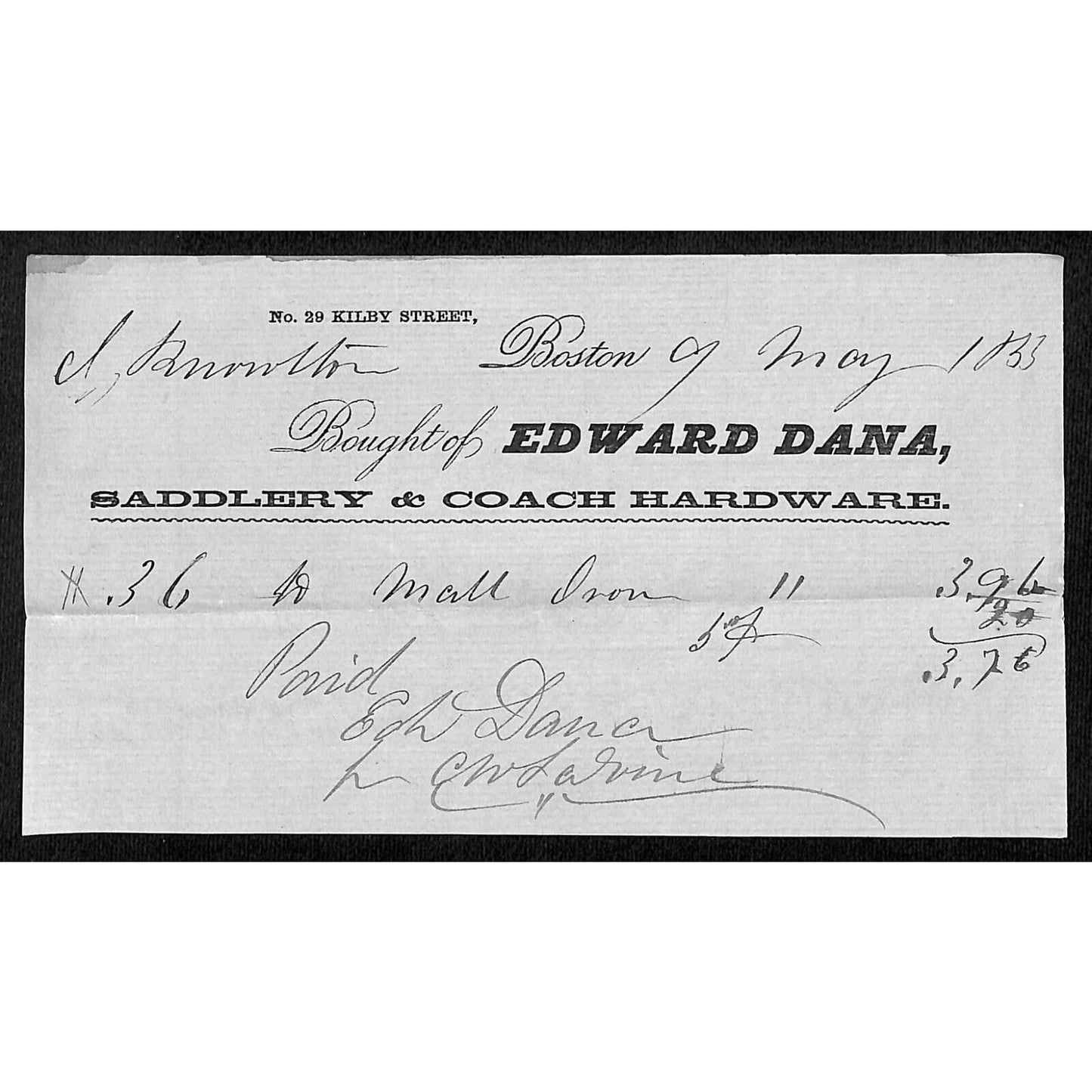 1855 Jabez Knowlton* Newburgh, ME Edward Dana Boston Coach Hardware Billhead