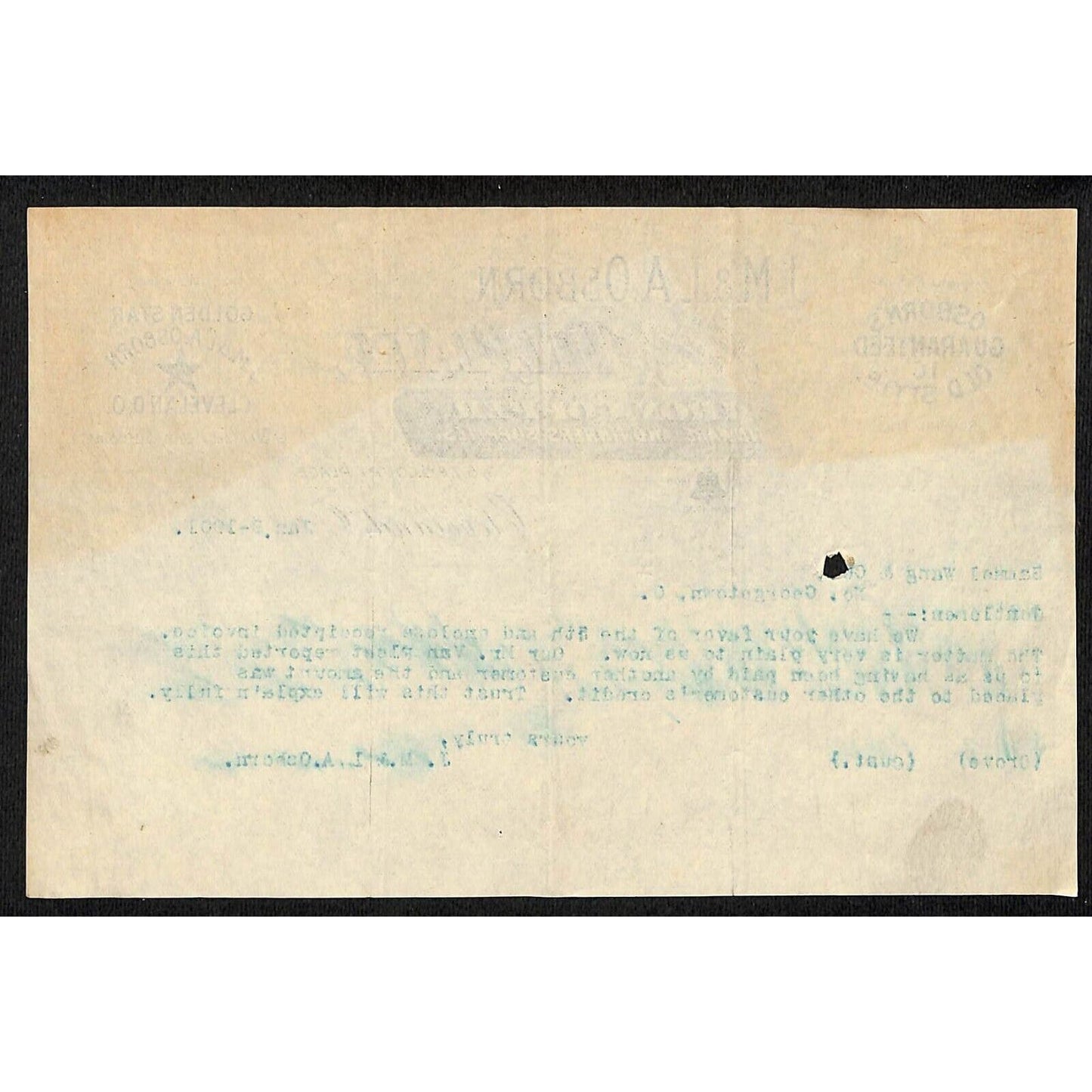 JM & LA Osborn Cleveland Tin Plate 1901 Letterhead Samuel Wang* N. Georgetown OH