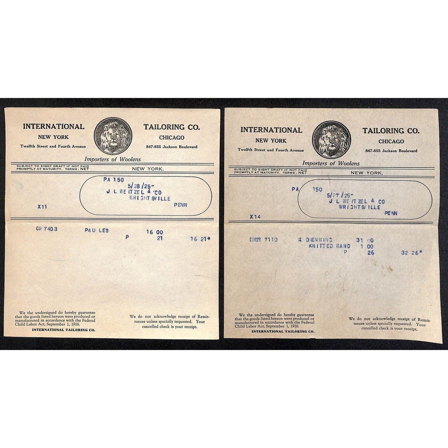 International tailoring Co. 12th St. & Fourth Ave NYC 1925 3 Billheads + Cover