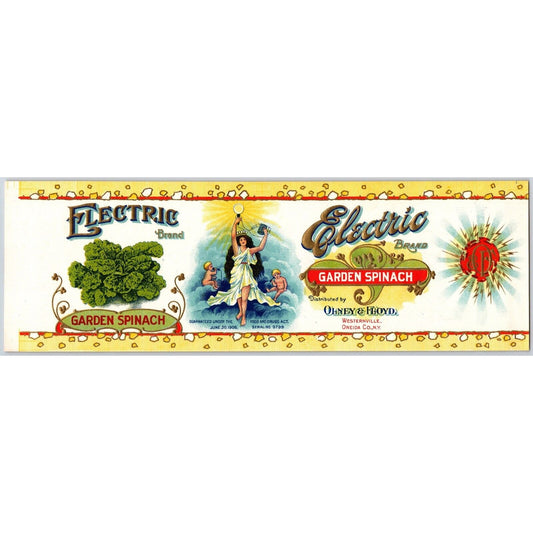 Electric Brand Garden Spinach Olney & Floyd Paper Can Label c1925-35