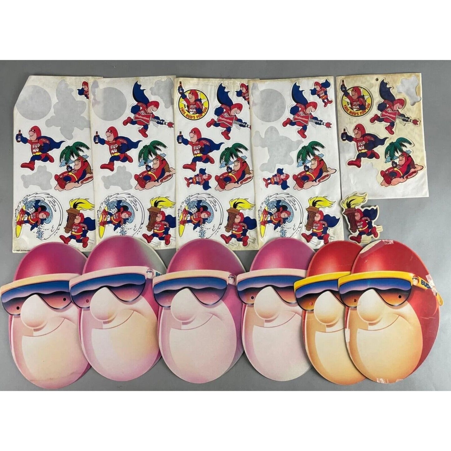 Group of c1987 Budweiser "Bud Man" 6 Cardboard Face Masks & 5 Sticker Sheets