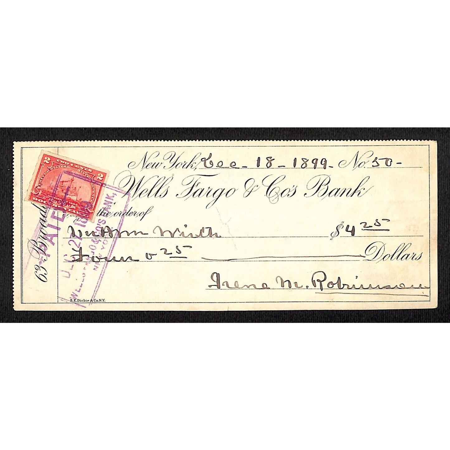 1899 Wells Fargo & Co Bank 63 Broadway NYC Check #50 w/ Rev Stamp William Wirth