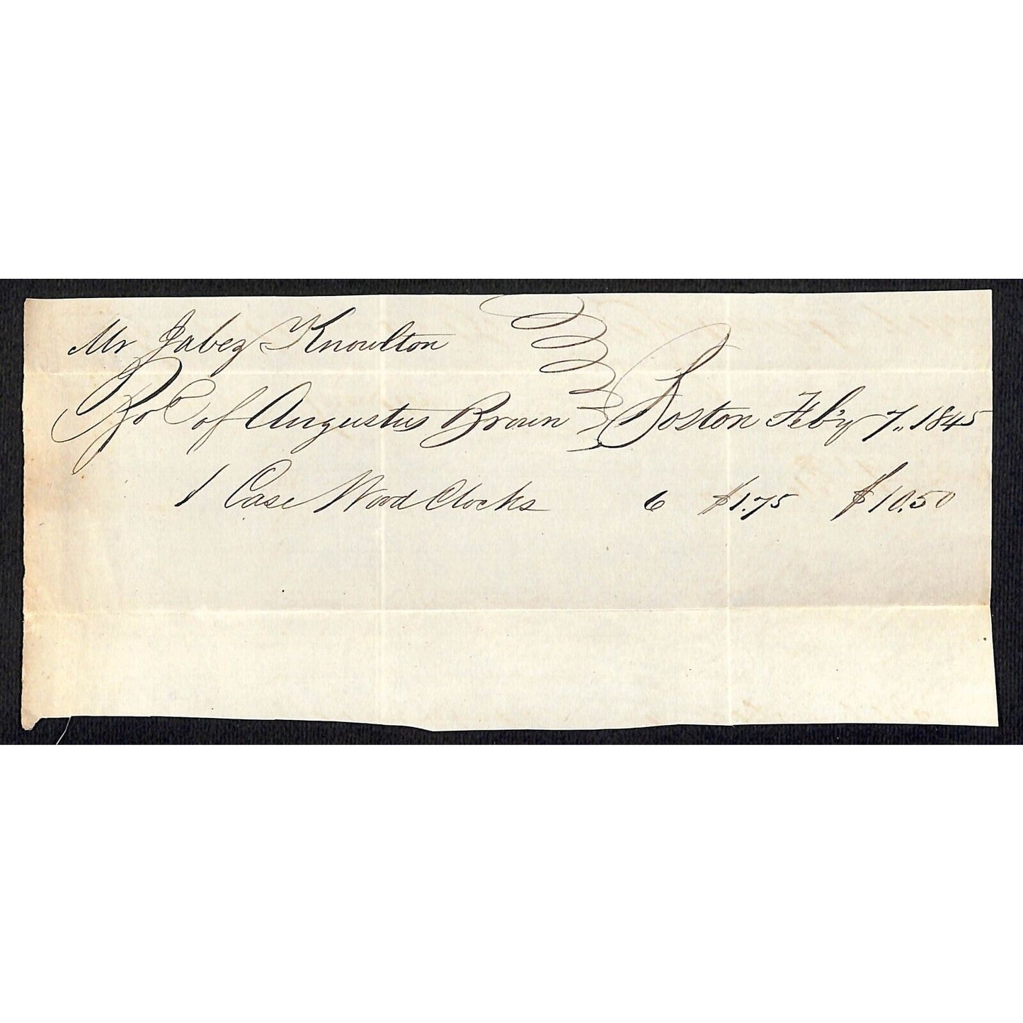 1845 Jabez Knowlton* Newburgh ME General Store Receipt for "Case of Wood Clocks"