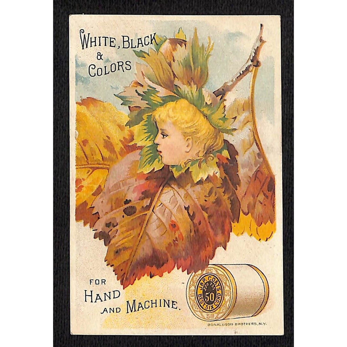J&P Coats Thread Victorian Trade Card w/ Child's Head Inset Fall Leaves VGC