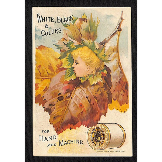 J&P Coats Thread Victorian Trade Card w/ Child's Head Inset Fall Leaves VGC
