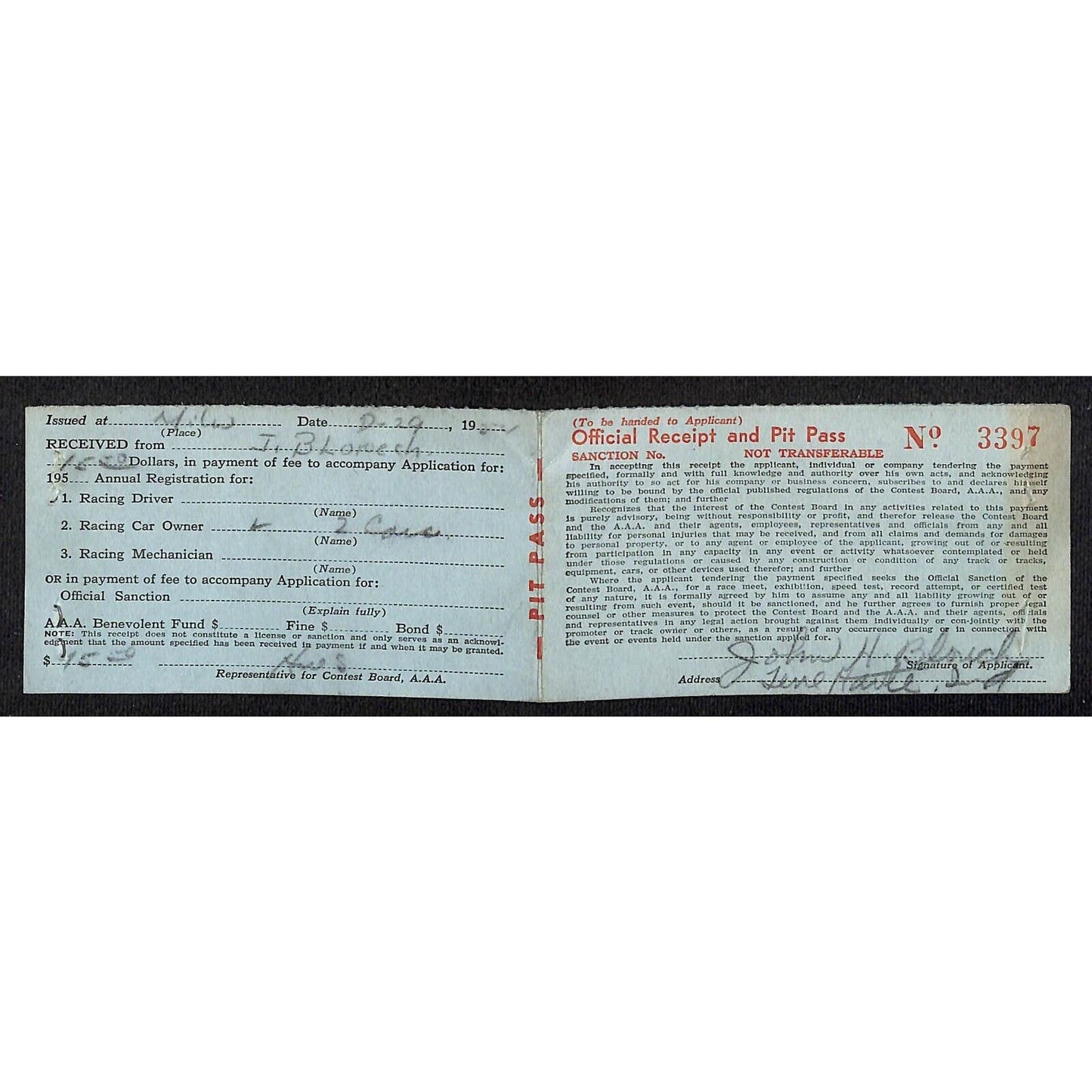 1954 AAA Milwaukee Pit Pass & Receipt John H. Blough (Chief Mechanic / Owner)