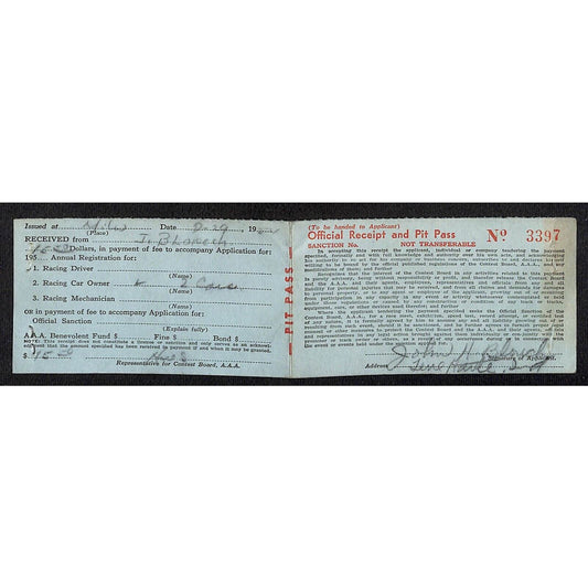 1954 AAA Milwaukee Pit Pass & Receipt John H. Blough (Chief Mechanic / Owner)