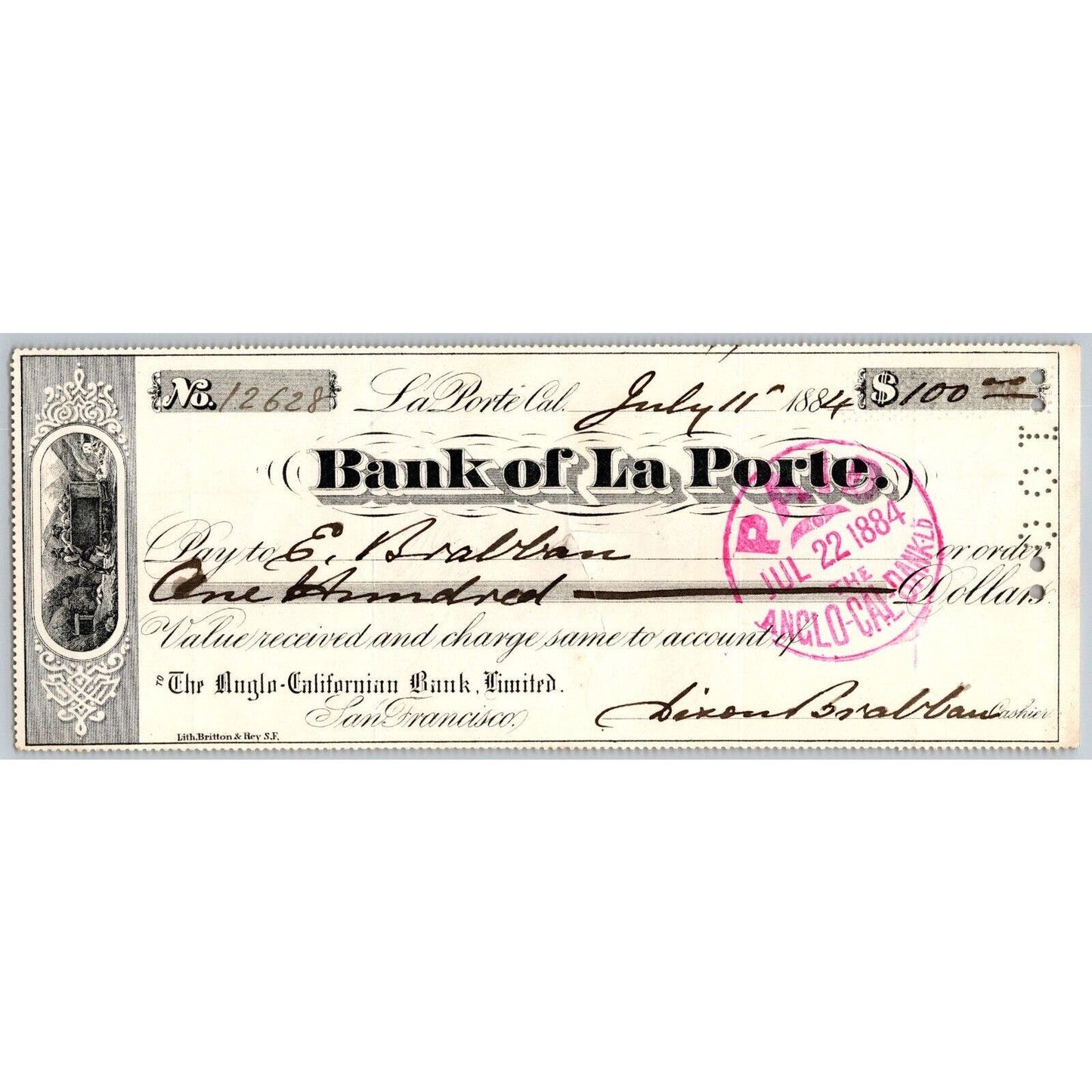 Bank of La Porte Check Mrs. E. Brabban* 1884 Mining Vignette #12628