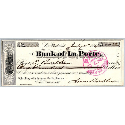 Bank of La Porte Check Mrs. E. Brabban* 1884 Mining Vignette #12628