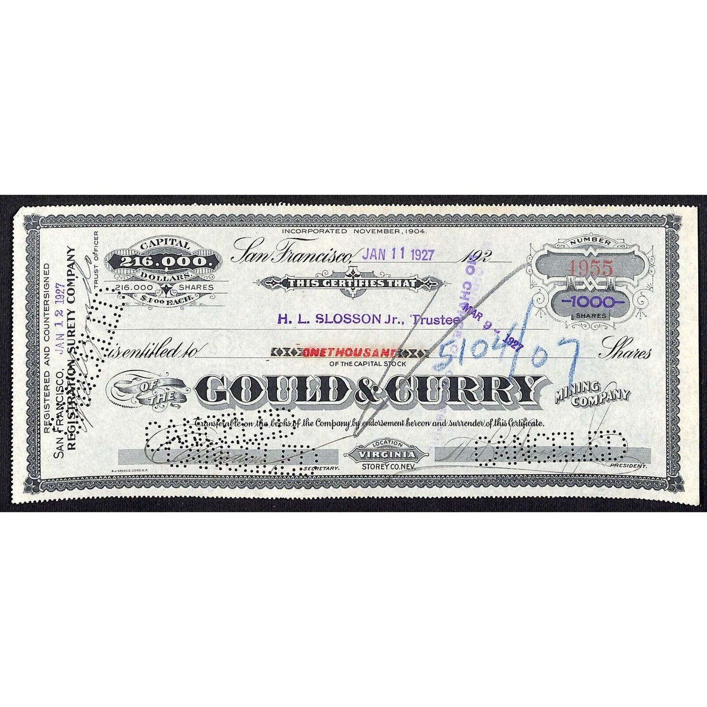 Gould & Curry Mining Company San Francisco 1927 Stock Certificate #4955 VGC