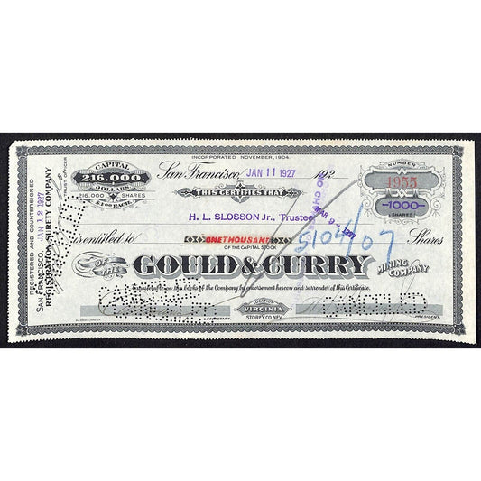 Gould & Curry Mining Company San Francisco 1927 Stock Certificate #4955 VGC
