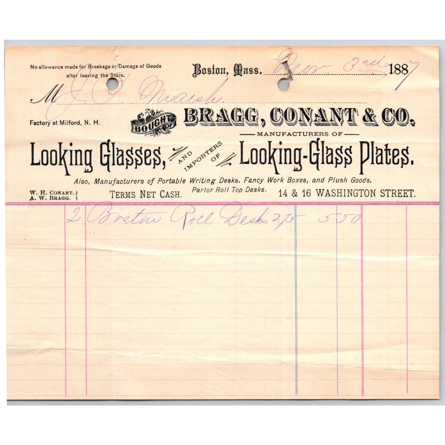 Bragg, Conant & Co. Looking Glasses Washington St. Boston 1887 Billhead