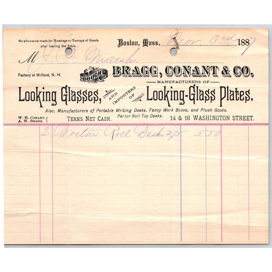 Bragg, Conant & Co. Looking Glasses Washington St. Boston 1887 Billhead