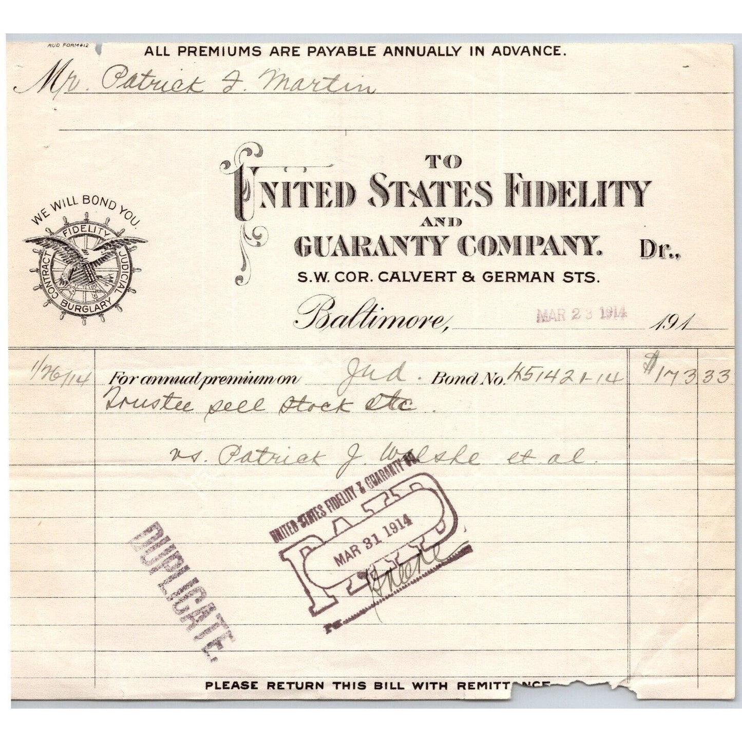 Baltimore United States Fidelity 1914 Premium Receipt Billhead