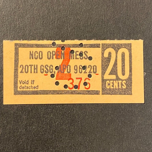 Bupyeong, Korea 20th GCG APO NCO Open Mess 20c Coupon c1970