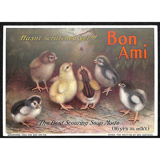 Bon Ami "and Hasn't Scratched Yet" 1902 Trade Card w/ Many Baby Chicks