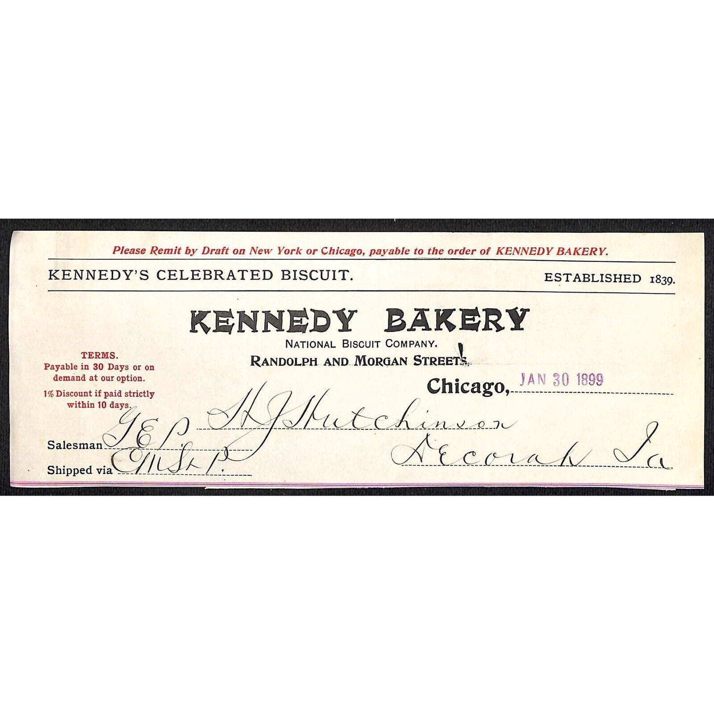 Kennedy Bakery / National Biscuit HJ Hutchinson Decorah, IA* Cut 1899 Billhead