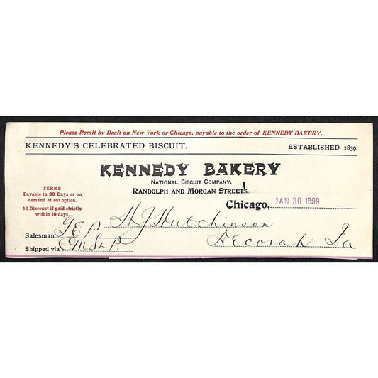 Kennedy Bakery / National Biscuit HJ Hutchinson Decorah, IA* Cut 1899 Billhead
