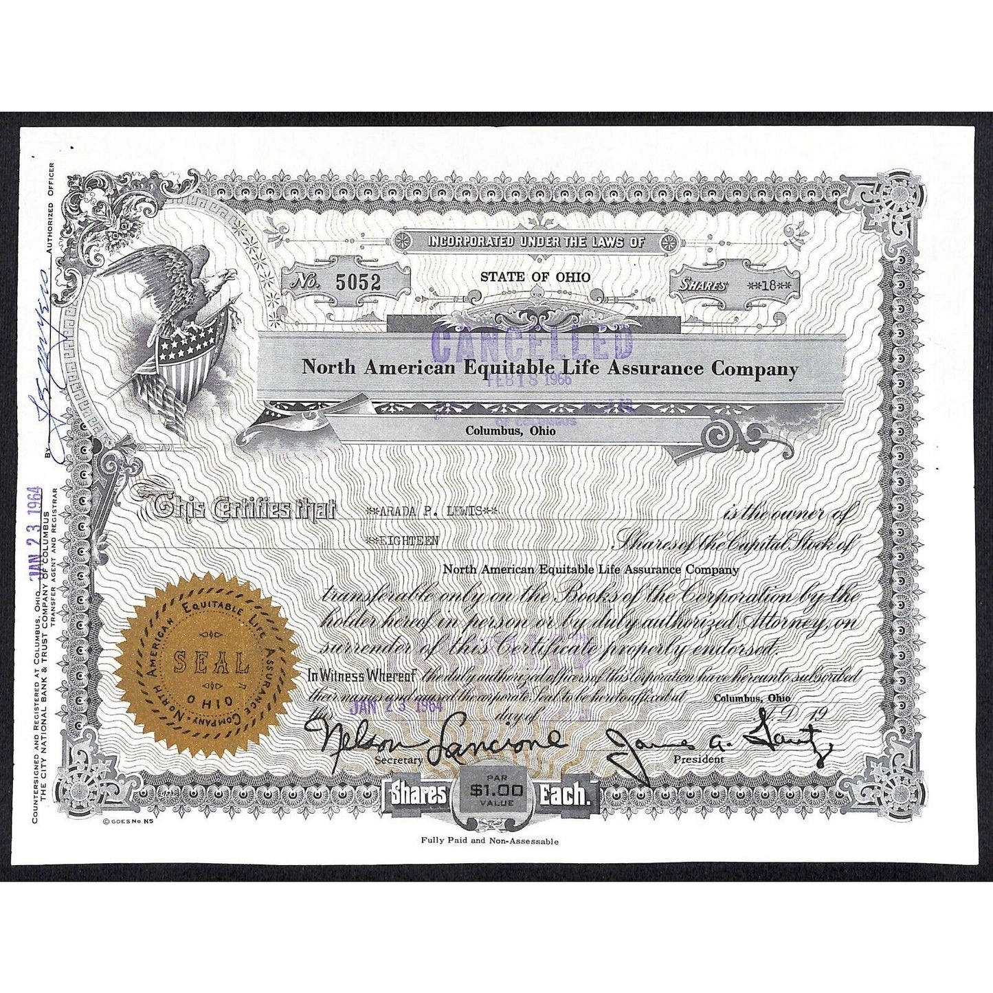 North American Equitable Life Insurance 1964 Stock Certificate to Arada P. Lewis