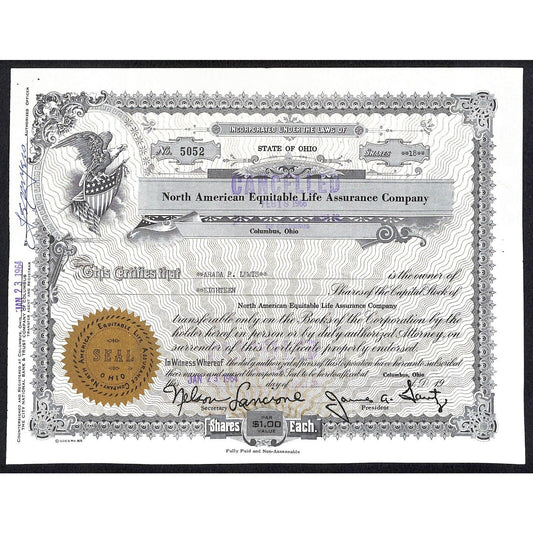 North American Equitable Life Insurance 1964 Stock Certificate to Arada P. Lewis