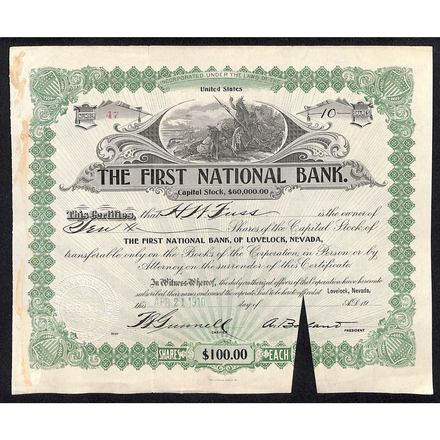 First National Bank of Lovelock, NV 1910 Stock Certificate to: H.W. Fuss *