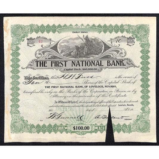 First National Bank of Lovelock, NV 1910 Stock Certificate to: H.W. Fuss *